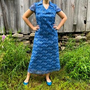 Vintage Y2K blue rose column dress, size L